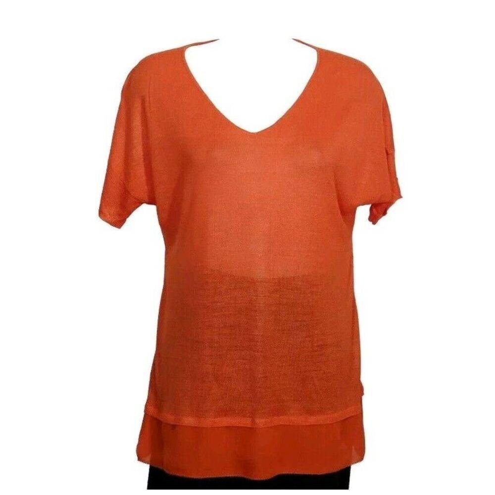 Eileen Fisher V Neck Short Sleeve Box Top Silk Jersey Chiffon Trim Large Firefly